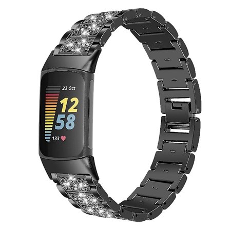 Svart Svart Diamant Rostfritt Stål Klockarmband kompatibelt med Fitbit Charge 5