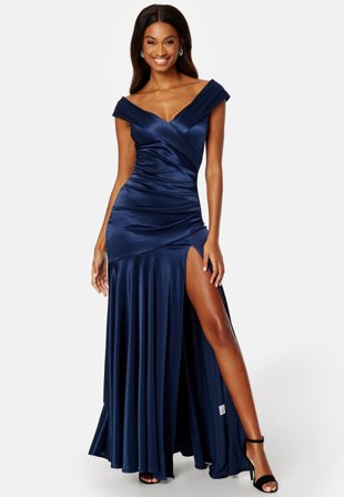 Goddiva Satin Bardot Pleat Maxi With Split Navy Klær
