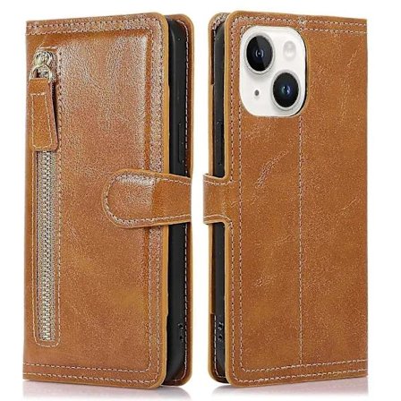 Pung etui med lynlåslomme til iPhone 15, stødsikkert PU læder flip cover med stativ