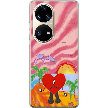 Kompatibelt Mobildeksel til Huawei P50 Pro Bad Bunny i en fargerik quiltet jakke med hjertemønster og solbriller i moderne gatestil