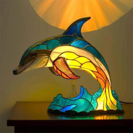 Dyr Bordlampe Serie Løve Delfin Ulv Glassmosaikk Nattlampe Ugle Hest Hane Elefant For Stue Soverom Kontor dolphin