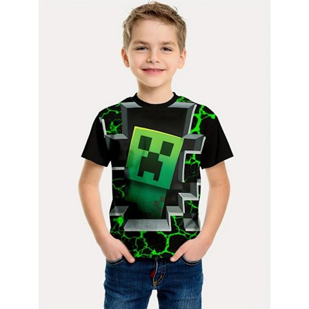 Minecraft Gutter Jenter T-skjorte Søtt Mønster Tegneserie Print Rund Hals Morsom Kort Erme Topp Casual Vår Sommer Barn D
