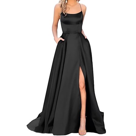 Elegante lange ballkjoler i sateng for kvinner, A-linje, ryggløse aftenkjoler