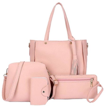 Rosa Dam 4-delt Sett Håndveske, Skulderveske, Lommebok og Kortholder Elegant Multifunksjonell Ryggsekk Stor Kapasitet Reisevesker Skuldervesker