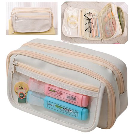 Suuri penaali läpinäkyvällä ikkunalla, monitoiminen penaali, penaali lokeroilla, suuri penaali kouluun ja toimistoon