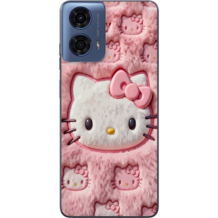 Kompatibelt Mobildeksel til Motorola Moto G24 Hello Kitty rosa fluffy bakgrunn med ikoniskt ansikt og kawaii-estetikk