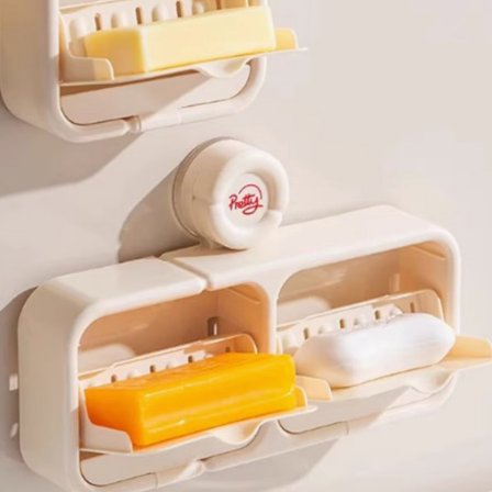 Vægmonteret sæbeskål til badeværelse med sugekop, flip-top, borefri sæbeboks, cremefarvet, dobbelt rum (1 stk)