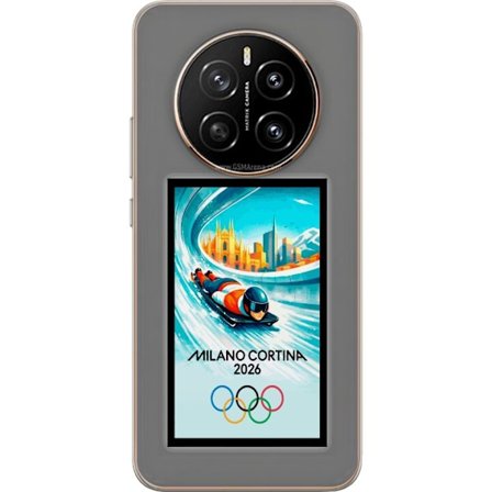 Yhteensopiva Puhelinkuori Honor Magic7 Dynaaminen kelkkailija tai skeleton-ajaja jääkanavalla Milanon Cortina 2026 kanssa, kaupunkinäkymä ja olympiala