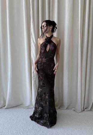 Bubbleroom Occasion - Halterneck Embroidered Gown - Brown