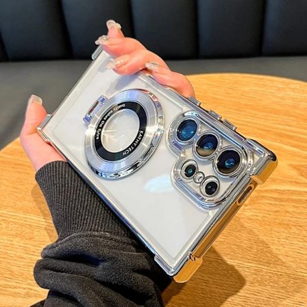 Lyxigt Magnetiskt Pläterat Ställ Stötsäkert Transparent Skal kompatibelt med Samsung Galaxy S25 S24 Ultra S23 S22 Note 20 10 Plus Akryl Baksida