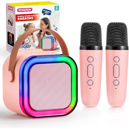 2025 Senaste Modell SYNCFUN Karaokemaskin, Mini Karaokemaskin med 2 Trådlösa Mikrofoner för Barn och Vuxna, Bluetooth-Högtalarleksaker, B