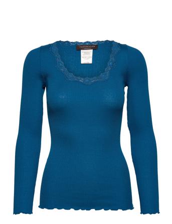 Silk T-Shirt W/ Lace T-shirts & Tops Long-sleeved Blå Rosemunde
