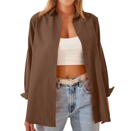 Dame Langærmet Bomulds Skjorte i Ensfarvet