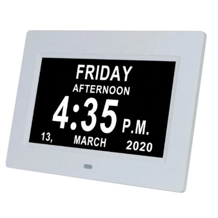 8-tommers demensur Alzheimer-ur Stort digitalt kalenderur til seniorer, ur med dag og dato hvid