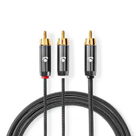 subwoofer Kabel | RCA Hane | 2x RCA Hane | Guldplaterad | 3.00 m | Rund | 4.5 mm | Grå / Grått Med Metall | Kartong med täckt fönster