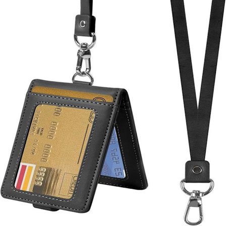 Svart - ID-kortholder med snor Vertikal lær ID-merke Ho