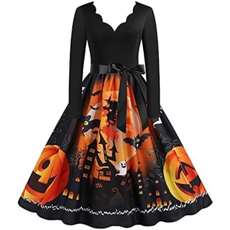 BTBDYDH Halloween Klänning Retro Långärmad V-ringad Klänning Utsvängd Vintage Hepburn Klänningar Pumpa Fladdermus Häxa Tryckt Cosplay Party Kostym 