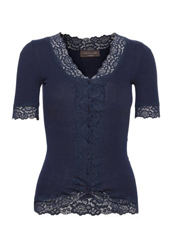 Organic Cardigan Regular Ss W/Lace Blue Rosemunde