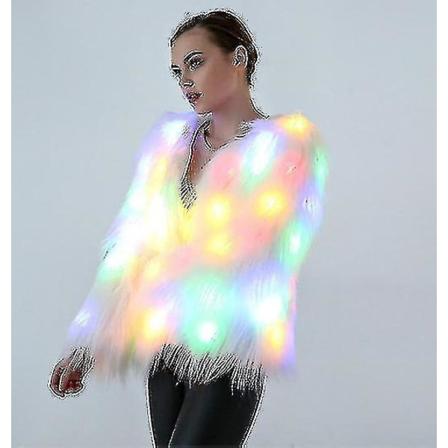 Led Pelskåpe For Kvinner Regnbue Glitrende Lys Opp Jakke Hvit Pelsaktig Rave Kostyme L