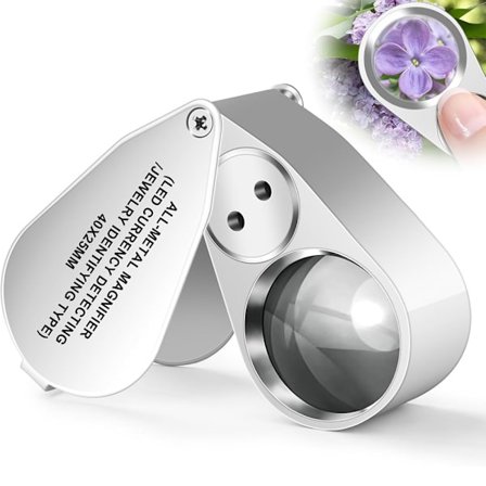 Juwelérforstørrelsesglass 40x med lys, sammenleggbart metall lomme-edelstensforstørrelsesglass med LED/UV-lys for presisjonsarbeid, smykker, mynter, 