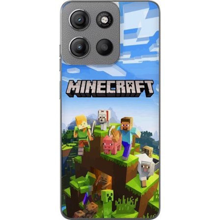 Kompatibelt Mobildeksel til Motorola Motorola Moto G15 Power Minecraft eventyrklippe med Steve, Alex, dyr og mobs i klassisk blokkstil der hele verden