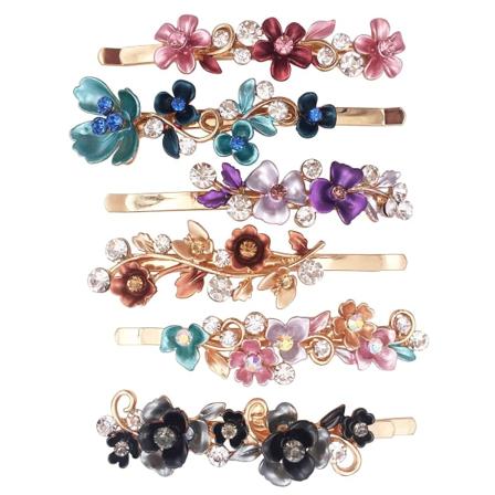 6 st vintage blommiga hårnålar för kvinnor, metallguldton färgglad blomdesign hårklämmor strass hårdekorativa accessoarer
