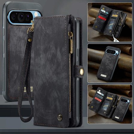 (Til Pixel 9/9 Pro) Pung etui med lynlåslomme og 8 kortpladser, stødsikkert