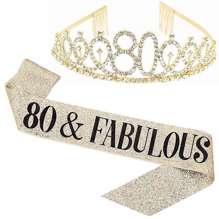 80-årsdag Skärp och Tiara för Kvinnor, Guld 80-årsdag Krona Kostymset Rhinestone Födelsedagskrona
