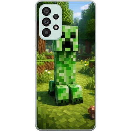 Kompatibelt Mobilskal till Samsung Samsung Galaxy A73 5G Block-baserad Creeper-figur i en grön pixell värld, ikonisk spelillustration för barnrum,
