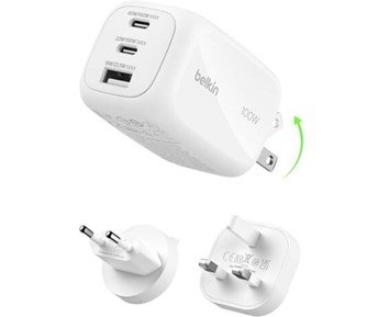 Belkin 100W 3-Port GaN Wall Charger with EU UK US Plugs - Kraftfull reseladdare med utbytbara kontakter & 3 portar