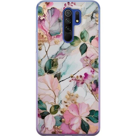 Kompatibel Mobilcover til Xiaomi Redmi 9 Abstrakt marmormønster med blomster, blade og gyldne detaljer i bløde pastelfarver