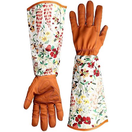 Tornebestandige Havehandsker i Læder, Blomsterprint Manschetter, Lang Underarmsbeskyttelse, til Kvinder Havebeskæringshandsker