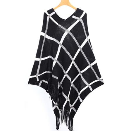 Svart Pläd Lös Poncho Med Tofs Stor Storlek Cape For Lady