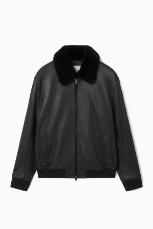 COS Men's Shearling-Trimmed Leather Bomber Jacket in Black