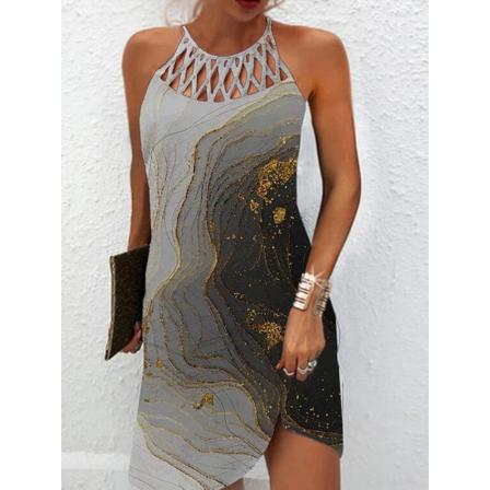 Kvinnor Sommar Etnisk Utskrift Mesh Bälte Ärmlös Casual Dress