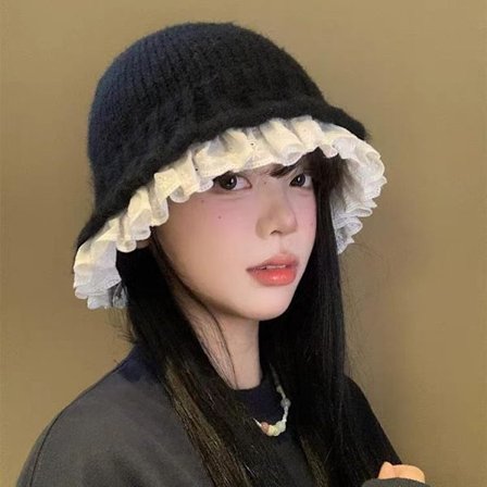 Spandhat med blondekant, strikket fiskerhat, dame efterår/vinter spandhat - Sort