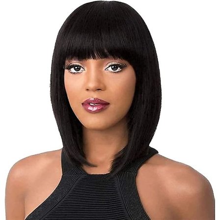 12 tum syntetisk peruk för kvinnor kort svart peruk naturligt utseende rakt damer