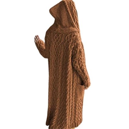 Avslappnad stickad lång ytterkläder med huva och sidoficka Dam höst vinter kappa