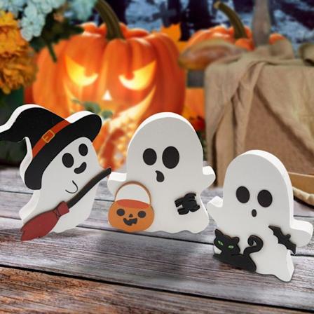 3 stykker Halloween spøkelsesfigurer dekorasjon, Halloween dekorasjon interiør spøkelsesdekorasjon, unik Halloween spøkelses katt flaggermus av tre