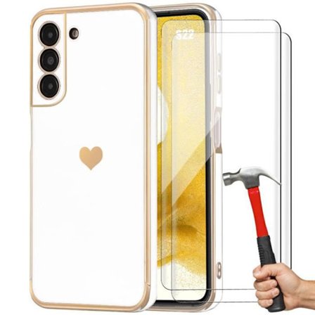 Coque til Samsung Galaxy S22 - Hvid - Stødabsorberende - Hjerte Mønster - Luksus - 2 Hærdede Glas