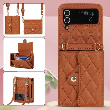 Yhteensopiva Galaxy Z Flip 3 Crossbody -kotelon kanssa, Harmonikkamallinen nahkakotelo (ruskea)
