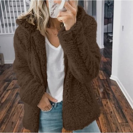 Plysjakke med hætte til kvinder, fluffy fleecehættetrøje, vinterjakke, afslappet, kaffefarve, XL kaffe