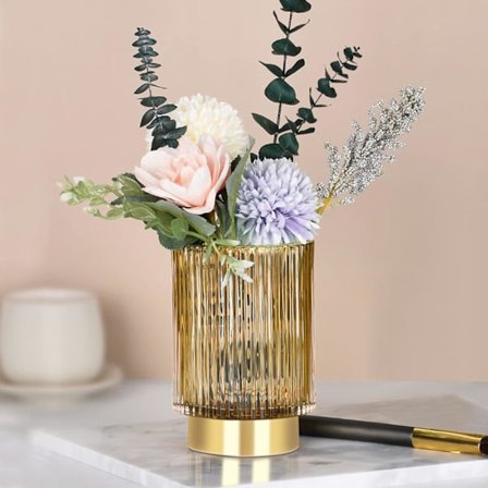 Glass Vase, Gullfarget Metallbase, Blomster Vase Dekorativ for Hjem