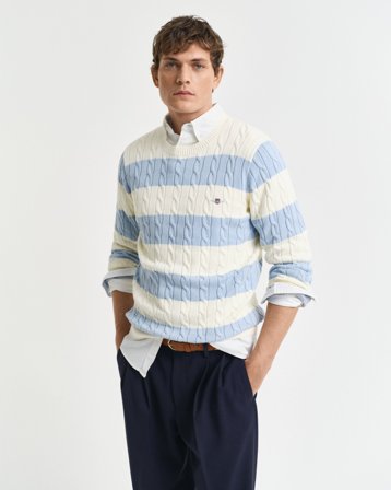 GANT Herren Gestreifter Zopfstrick-Rundhalspullover aus Baumwolle (XL) Blau