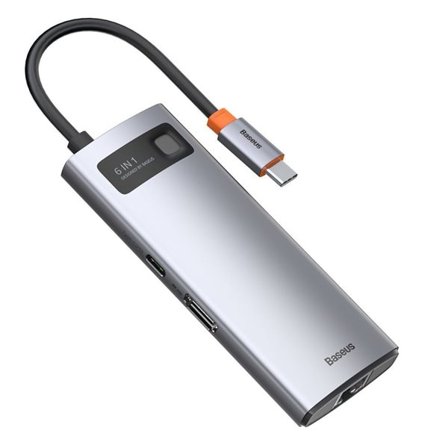 Baseus Metal Gleam 6-i-1 USB-C - USB-C PD 100W HUB 1x HDMI 4K 30Hz 3x USB-A 3.2 1x RJ45 - grå