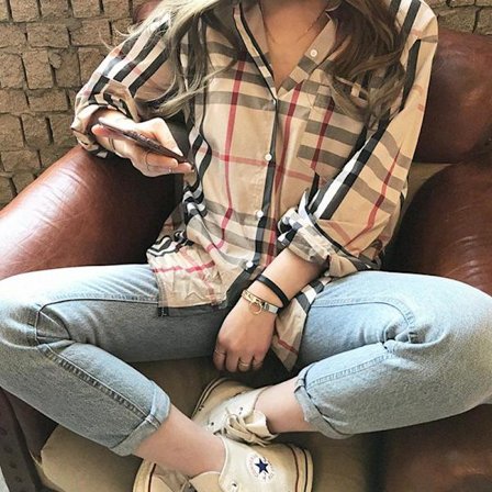 Rutete skjorte dame Klassisk langermet krage bluse knapp med mansjett vår høst Casual topper for jenter Khaki