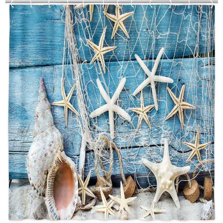 Strandstjärna och snäckskal duschdraperi, Teal Rustik Kustbadrum Set Decor, Världen Marin Liv Print Vattentät Polyestertyg Badrumstillbehör med krokar
