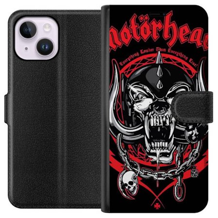 Kompatibelt Plånboksfodral till Apple Apple iPhone 15 Plus Motörhead Classic Skull med rött och svart tema, kraftfullt rockmotiv för hårdrockfans