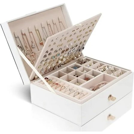 Smykkeskrin Organizer til Halskæder Øreringe Armbånd Ringe Stor PU Læder Smykkeskrin med 3 Stabelbare Lag (Hvid)