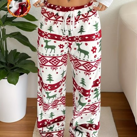 Julebukser med brede ben til kvinder, komfortable med juleprint og snøre i taljen